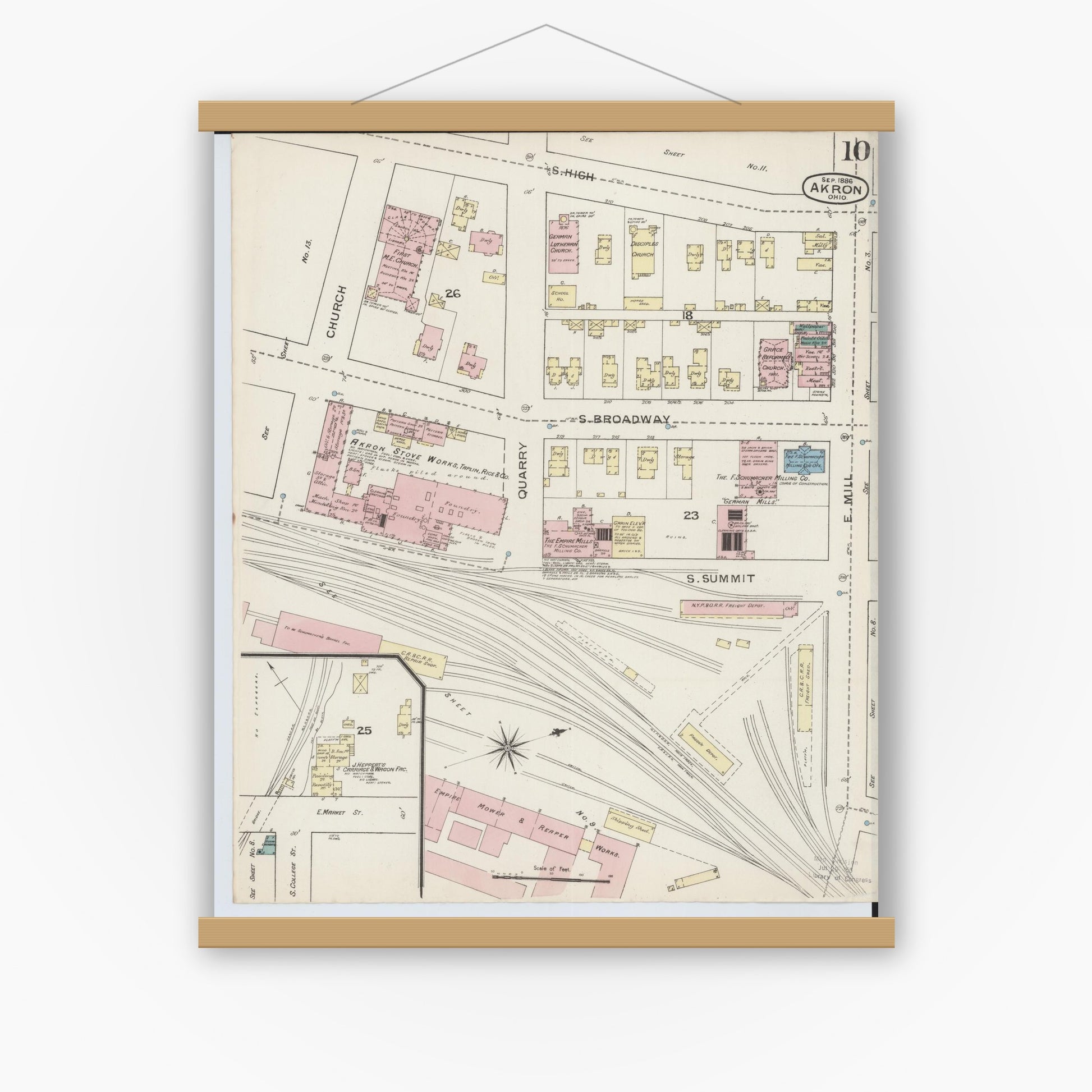 Old map wall art mockup — magnetic wood frame on white wall — Sanborn Fire Insurance Map from Akron, Summit County, Ohio (1886), Sheet #0010