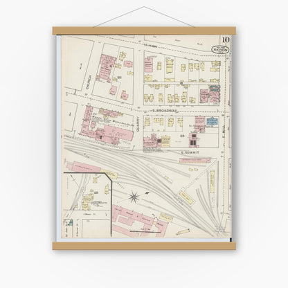 Old map wall art mockup — magnetic wood frame on white wall — Sanborn Fire Insurance Map from Akron, Summit County, Ohio (1886), Sheet #0010