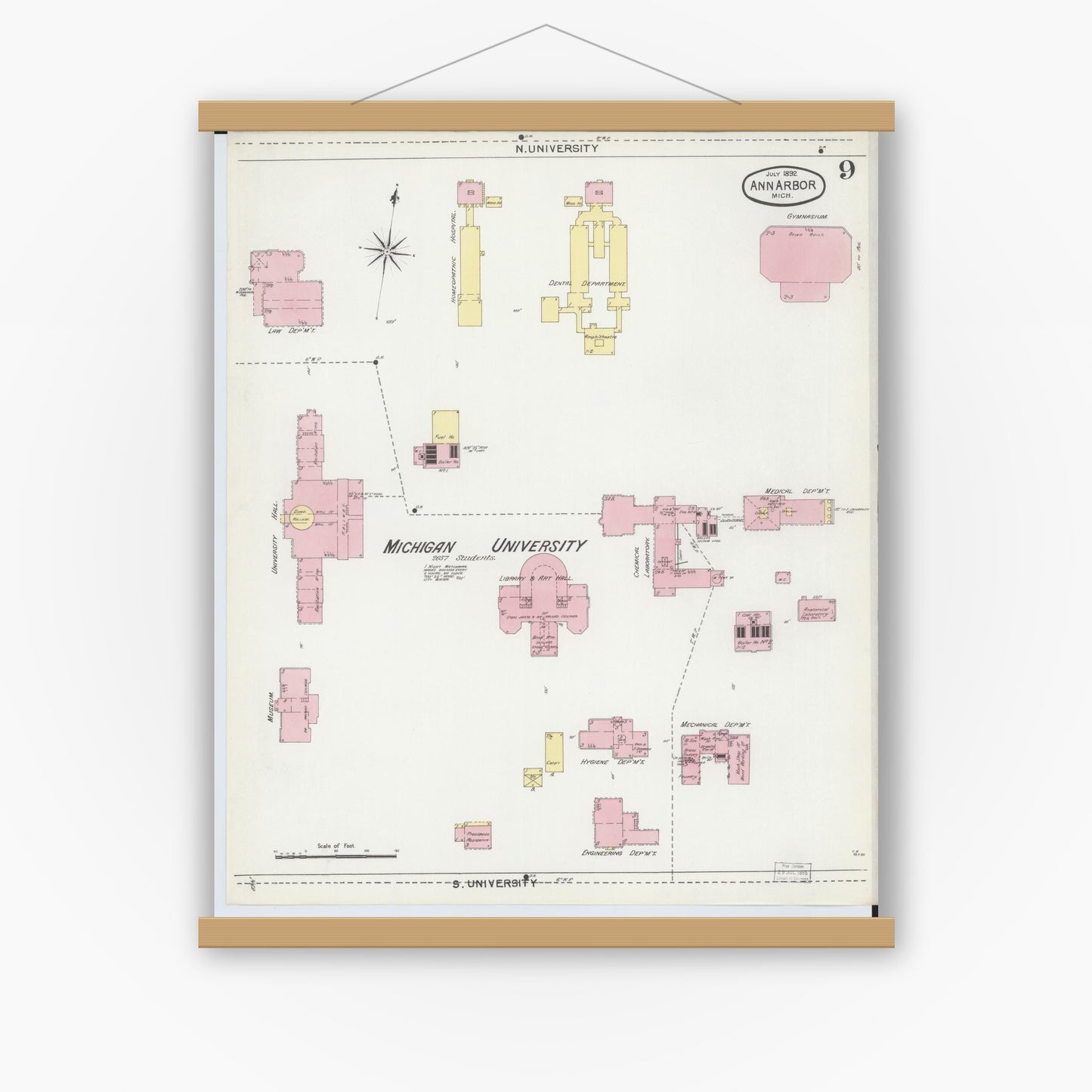 Old map wall art mockup — magnetic wood frame on white wall — Sanborn Fire Insurance Map from Ann Arbor, Washtenaw County, Michigan (1892), Sheet #0009