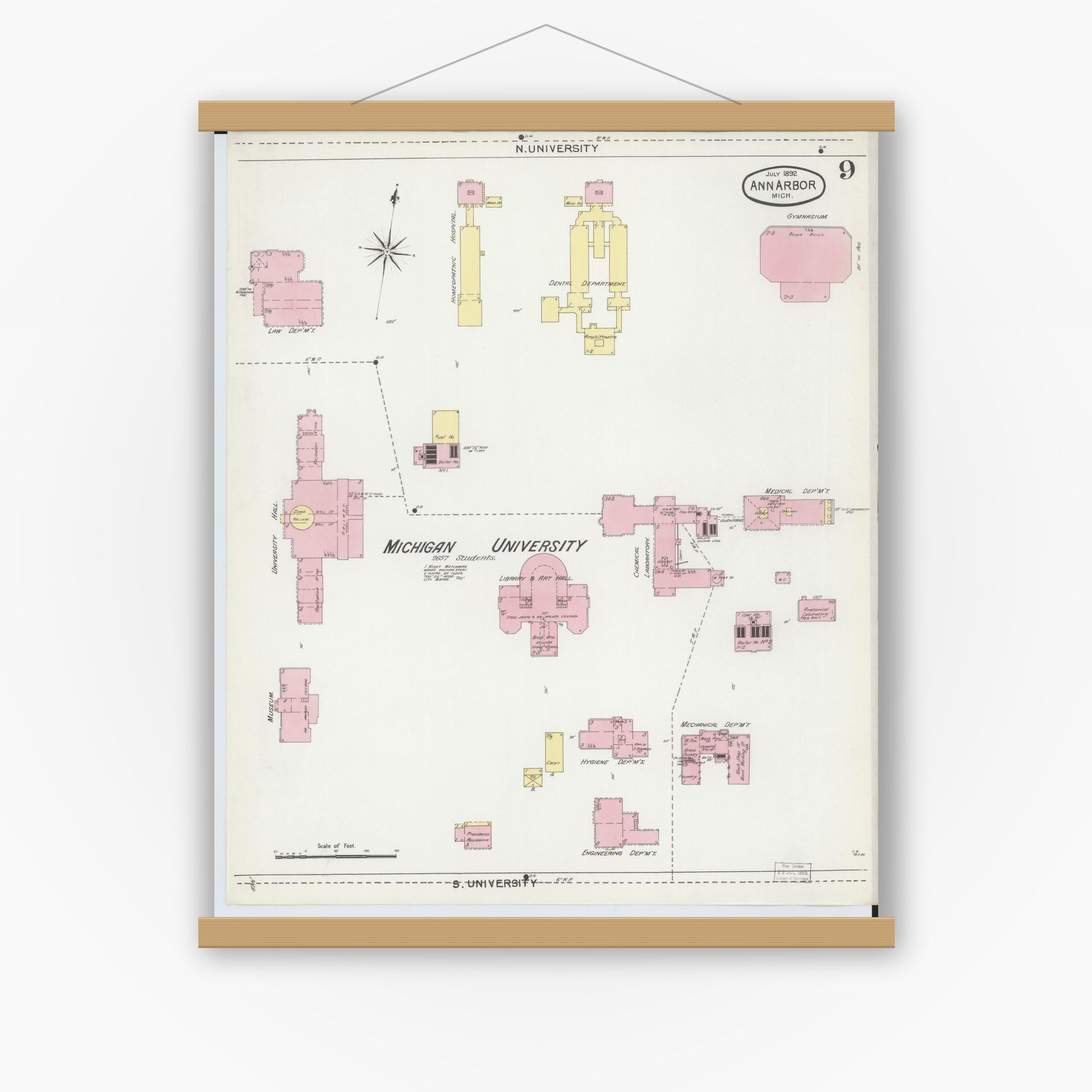 Old map wall art mockup — magnetic wood frame on white wall — Sanborn Fire Insurance Map from Ann Arbor, Washtenaw County, Michigan (1892), Sheet #0009