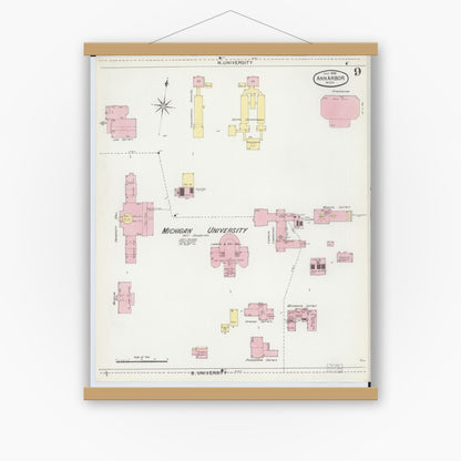 Old map wall art mockup — magnetic wood frame on white wall — Sanborn Fire Insurance Map from Ann Arbor, Washtenaw County, Michigan (1892), Sheet #0009