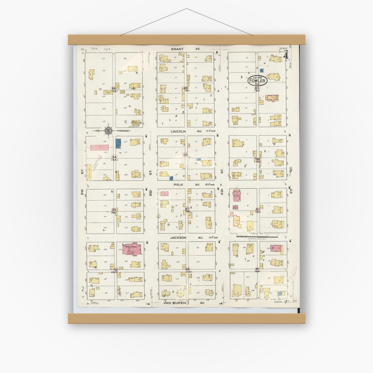 Old map wall art mockup — magnetic wood frame on white wall — Sanborn Fire Insurance Map from Fowler, Benton County, Indiana (1932), Sheet #0004