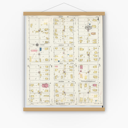 Old map wall art mockup — magnetic wood frame on white wall — Sanborn Fire Insurance Map from Fowler, Benton County, Indiana (1932), Sheet #0004