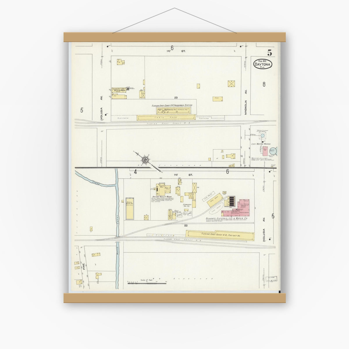 Old map wall art mockup — magnetic wood frame on white wall — Sanborn Fire Insurance Map from Daytona, Volusia County, Florida (1912), Sheet #0005