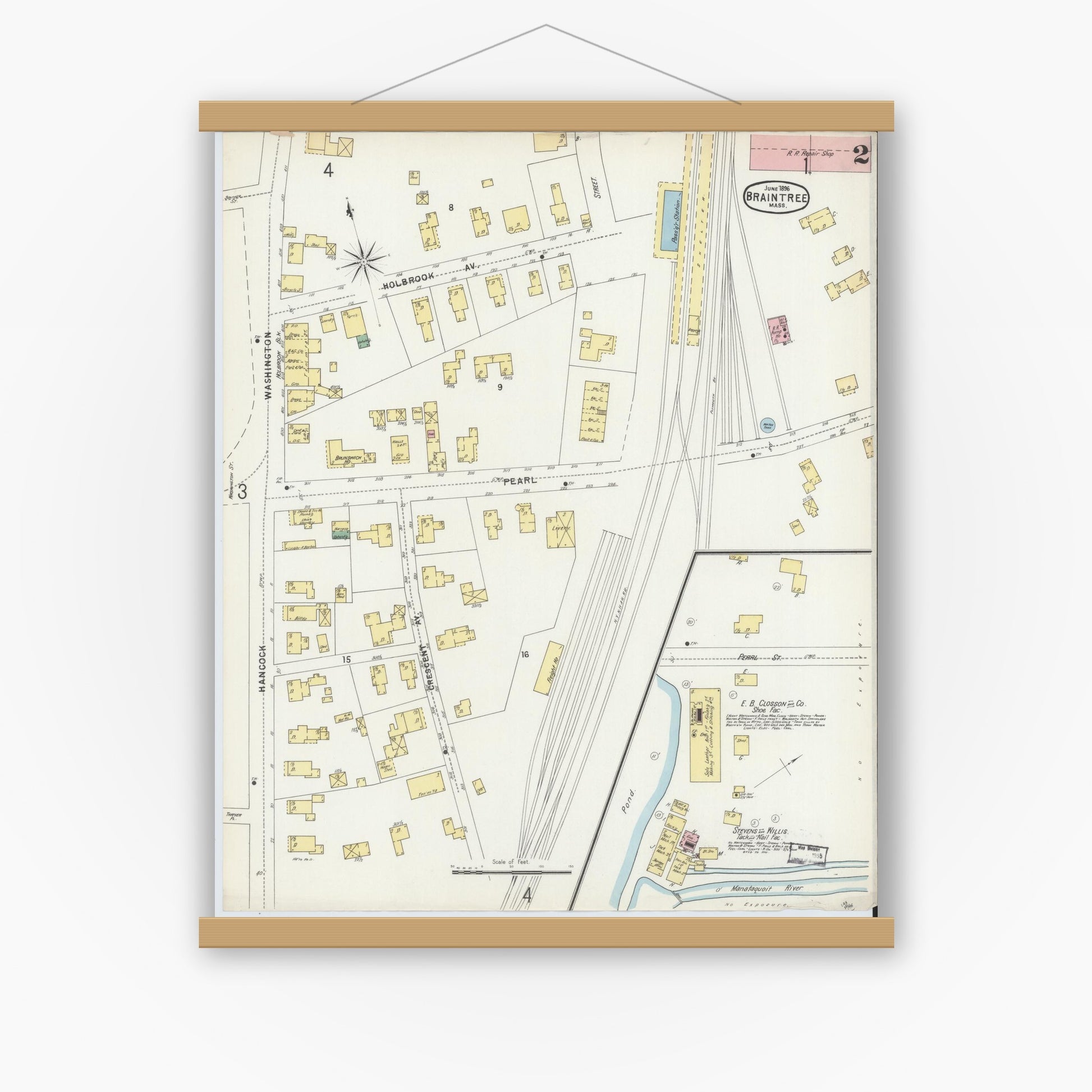 Old map wall art mockup — magnetic wood frame on white wall — Sanborn Fire Insurance Map from Braintree, Norfolk County, Massachusetts (1896), Sheet #0002