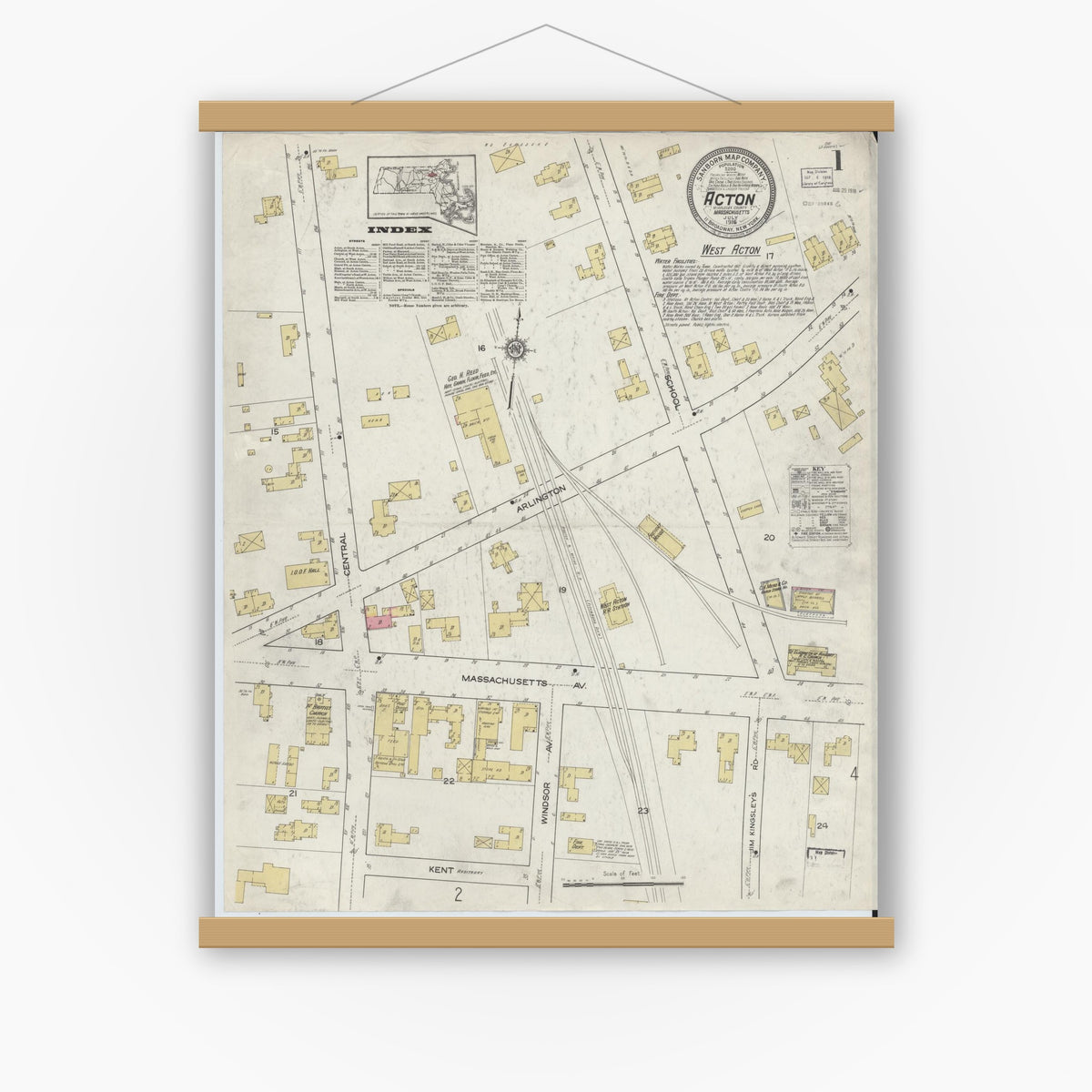Old map wall art mockup — magnetic wood frame on white wall — Sanborn Fire Insurance Map from Acton, Middlesex County, Massachusetts (1916) - Complete Map Set
