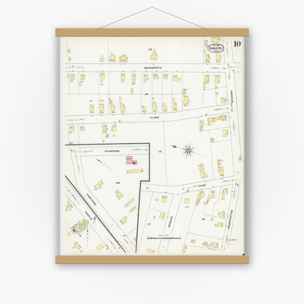 Old map wall art mockup — magnetic wood frame on white wall — Sanborn Fire Insurance Map from Danvers, Essex County, Massachusetts (1909), Sheet #0010