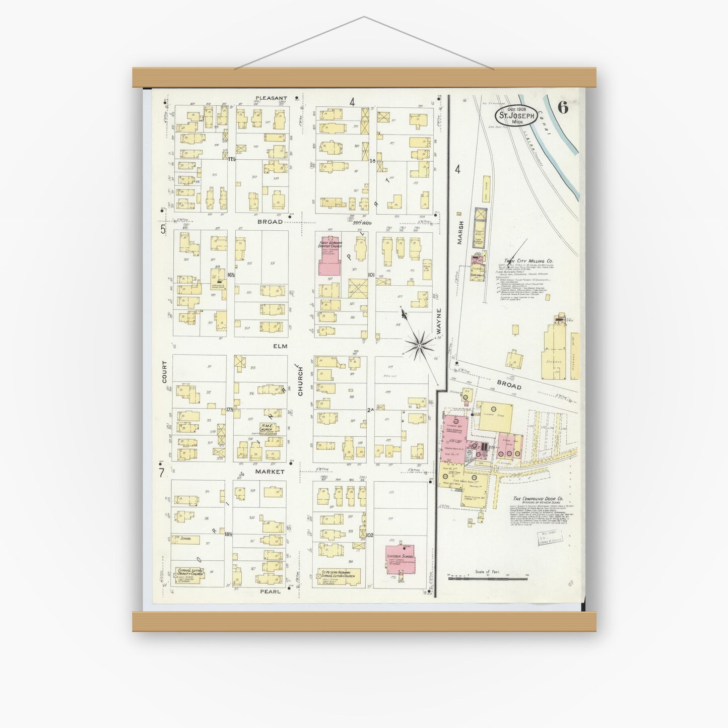 Old map wall art mockup — magnetic wood frame on white wall — Sanborn Fire Insurance Map from Saint Joseph, Berrien County, Michigan (1908), Sheet #0006