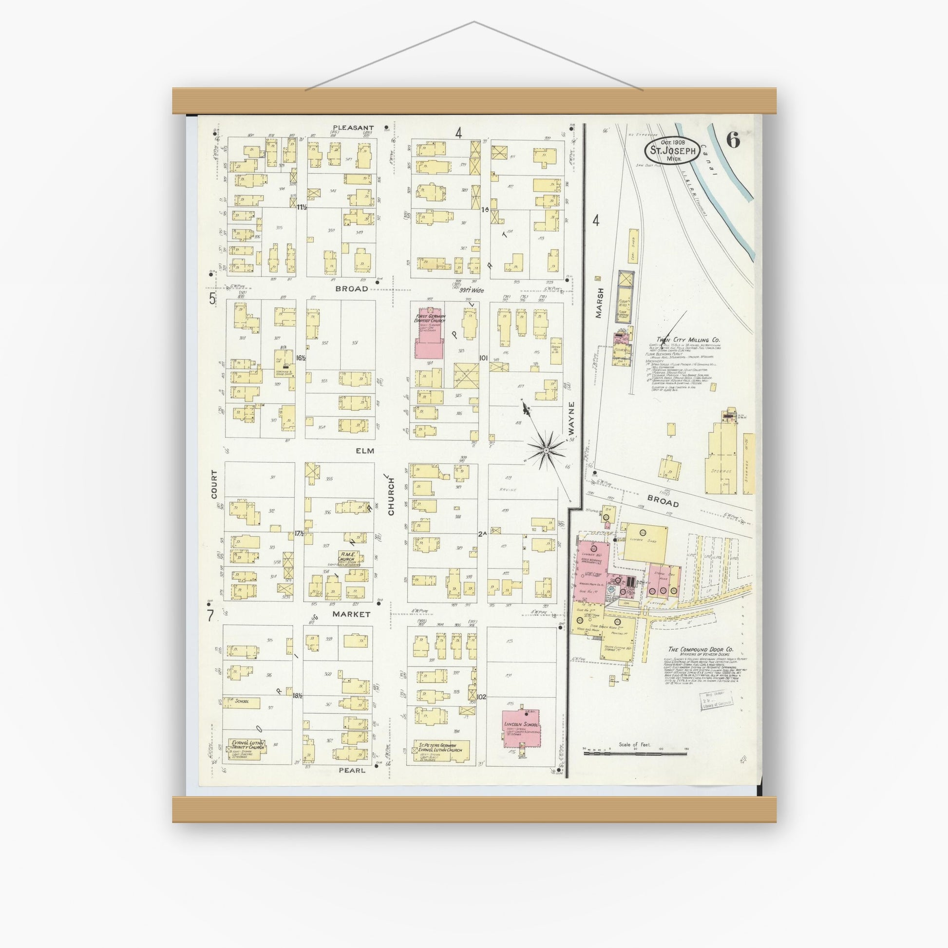 Old map wall art mockup — magnetic wood frame on white wall — Sanborn Fire Insurance Map from Saint Joseph, Berrien County, Michigan (1908), Sheet #0006
