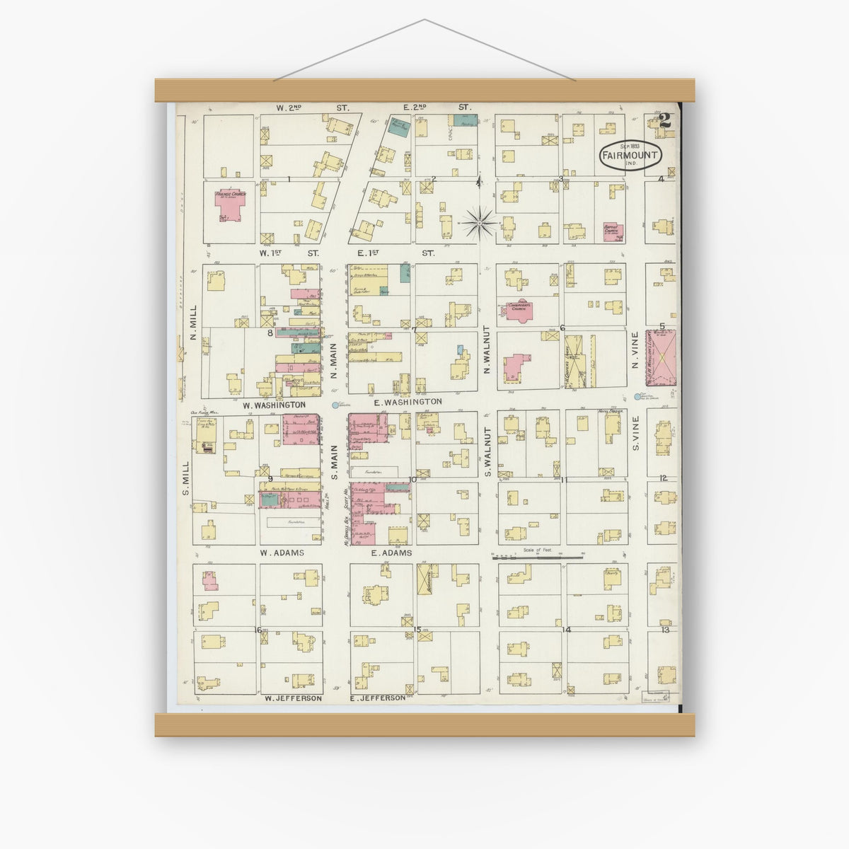 Old map wall art mockup — magnetic wood frame on white wall — Sanborn Fire Insurance Map from Fairmount, Grant County, Indiana (1893), Sheet #0002