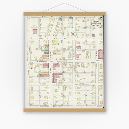 Old map wall art mockup — magnetic wood frame on white wall — Sanborn Fire Insurance Map from Fairmount, Grant County, Indiana (1893), Sheet #0002