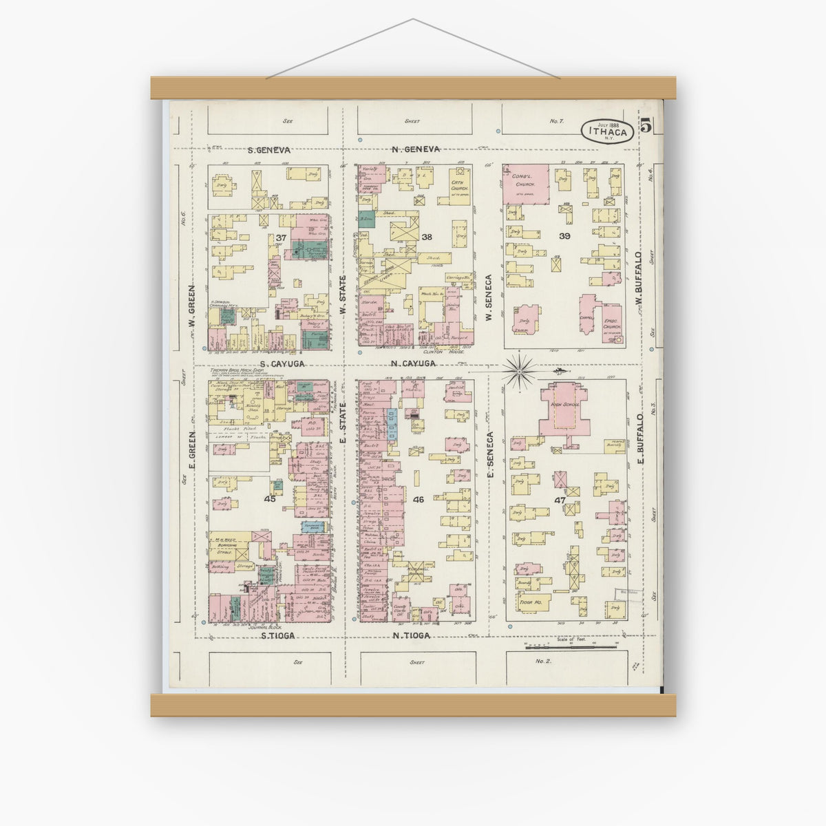 Old map wall art mockup — magnetic wood frame on white wall — Sanborn Fire Insurance Map from Ithaca, Tompkins County, New York (1888), Sheet #0005