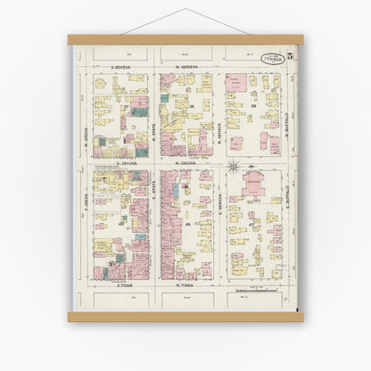 Old map wall art mockup — magnetic wood frame on white wall — Sanborn Fire Insurance Map from Ithaca, Tompkins County, New York (1888), Sheet #0005