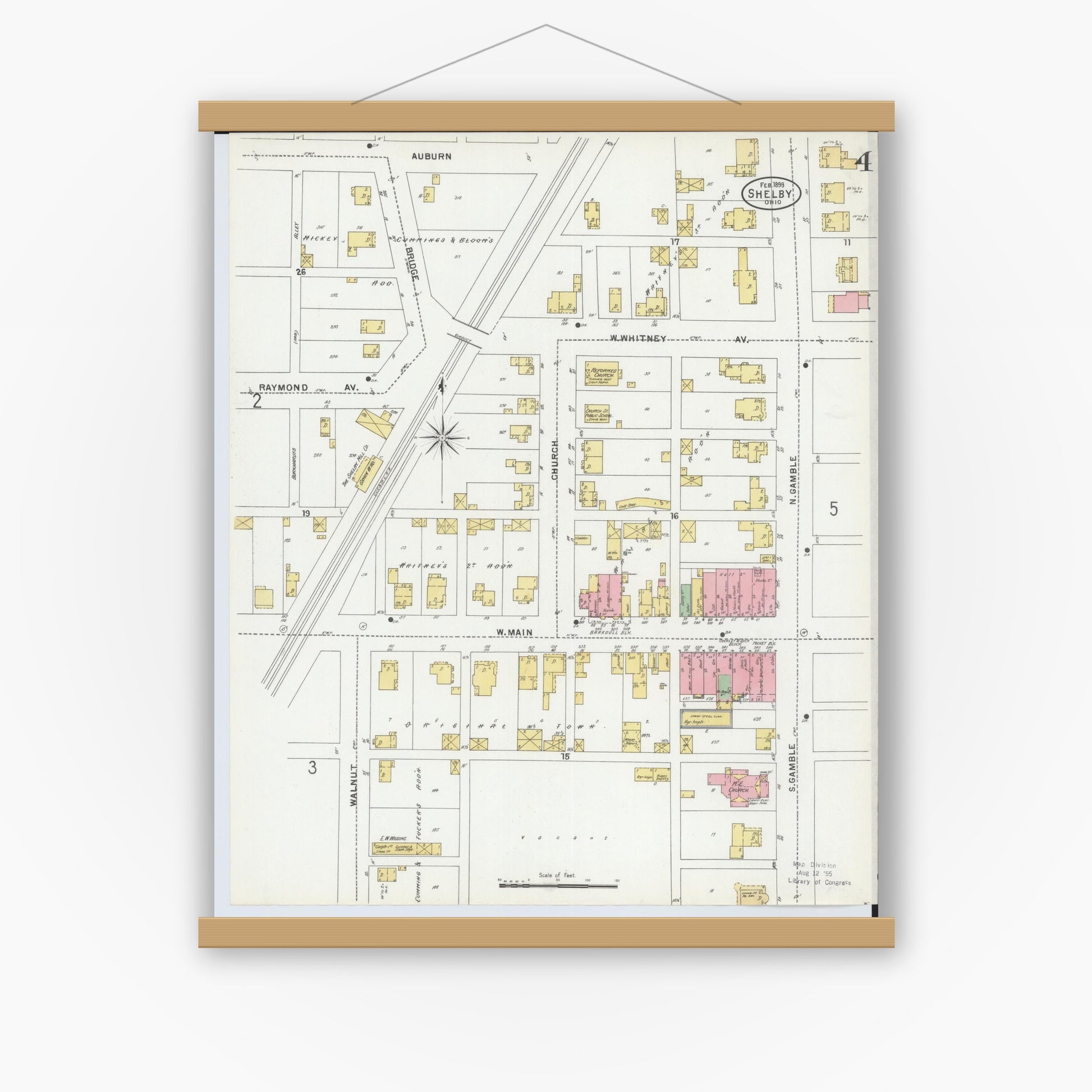 Old map wall art mockup — magnetic wood frame on white wall — Sanborn Fire Insurance Map from Shelby, Richland County, Ohio (1899), Sheet #0004