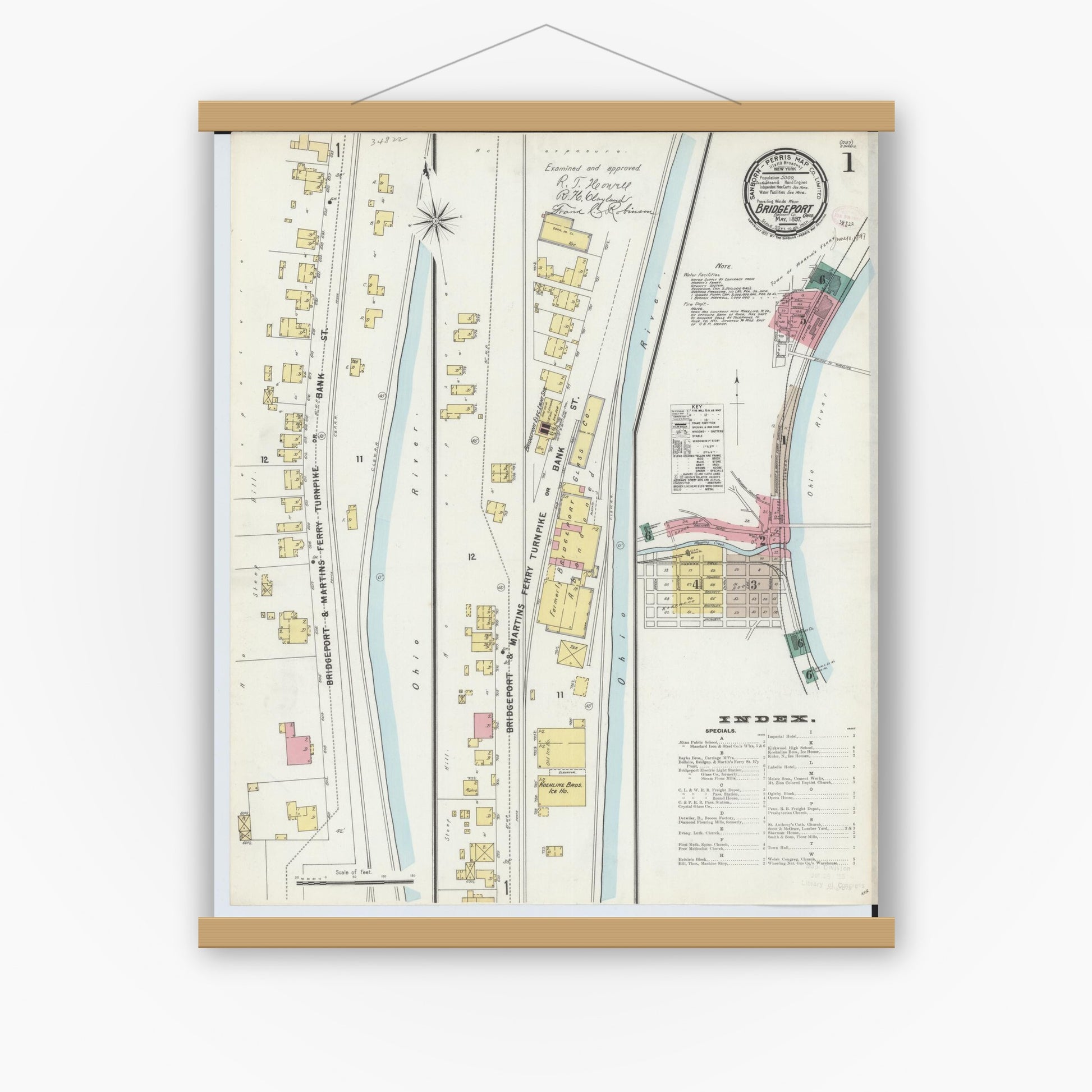 Old map wall art mockup — magnetic wood frame on white wall — Sanborn Fire Insurance Map from Bridgeport, Belmont County, Ohio (1897) - Complete Map Set