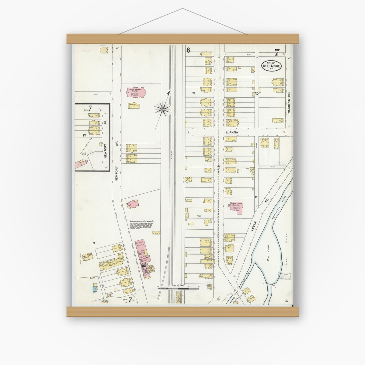 Old map wall art mockup — magnetic wood frame on white wall — Sanborn Fire Insurance Map from Alliance, Northampton County, Pennsylvania (1904), Sheet #0007