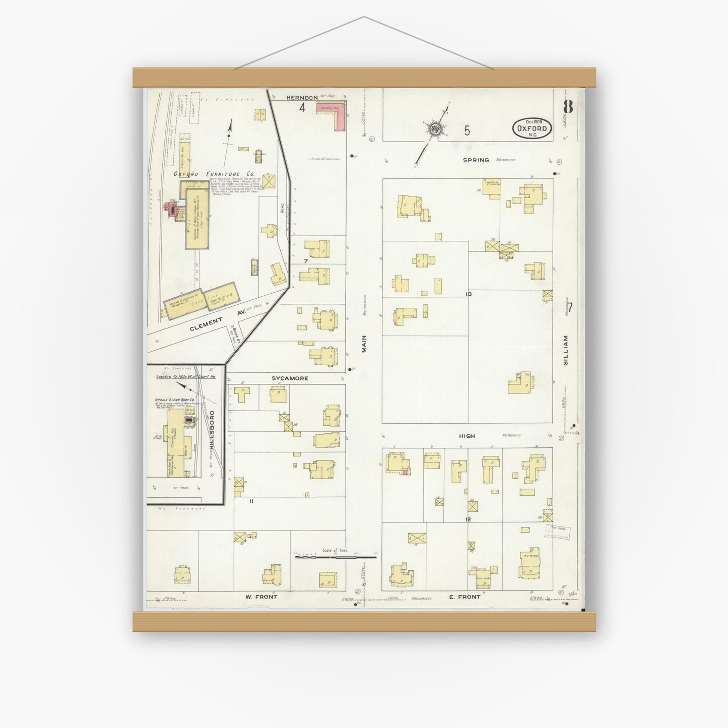 Old map wall art mockup — magnetic wood frame on white wall — Sanborn Fire Insurance Map from Oxford, Granville County, North Carolina (1909), Sheet #0008