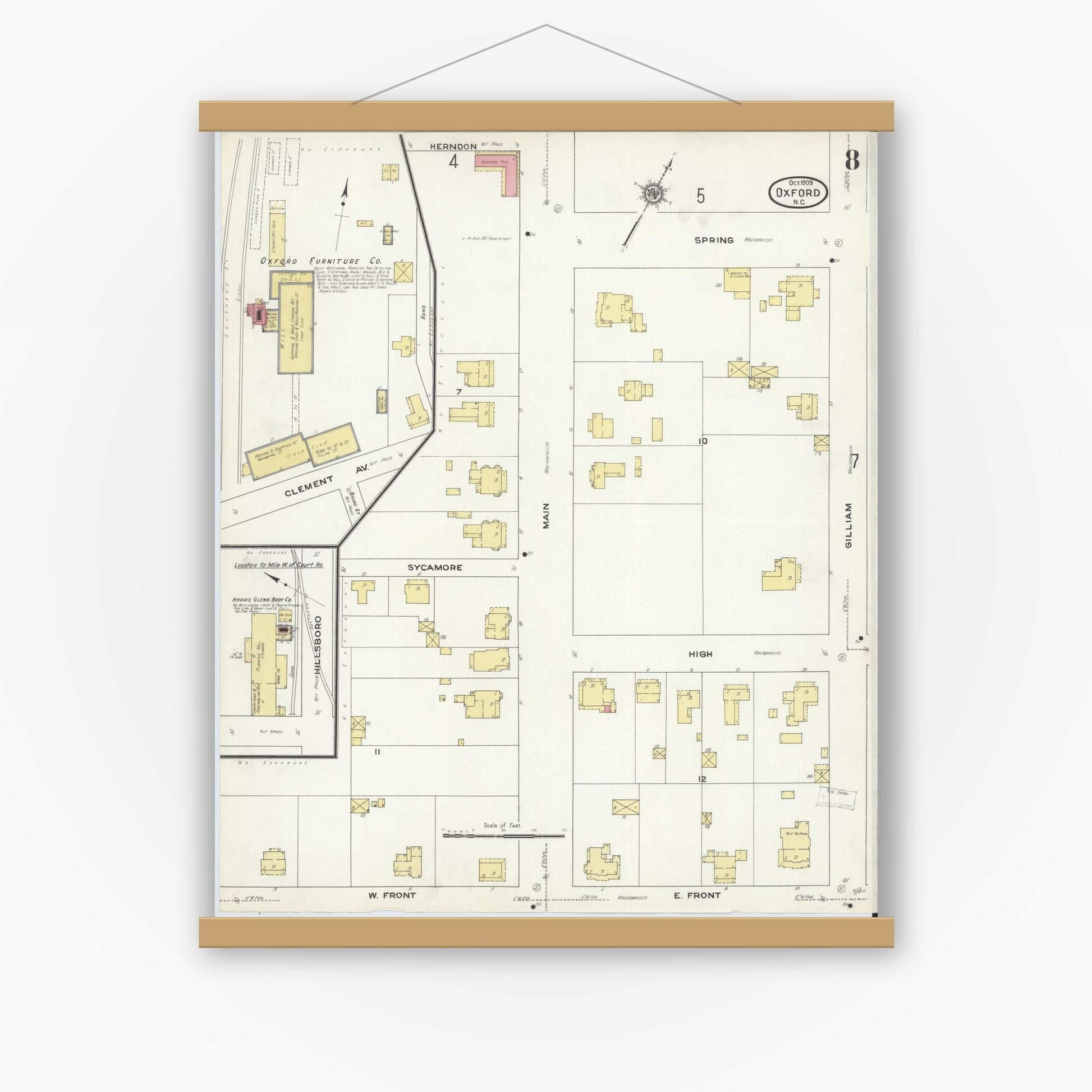 Old map wall art mockup — magnetic wood frame on white wall — Sanborn Fire Insurance Map from Oxford, Granville County, North Carolina (1909), Sheet #0008