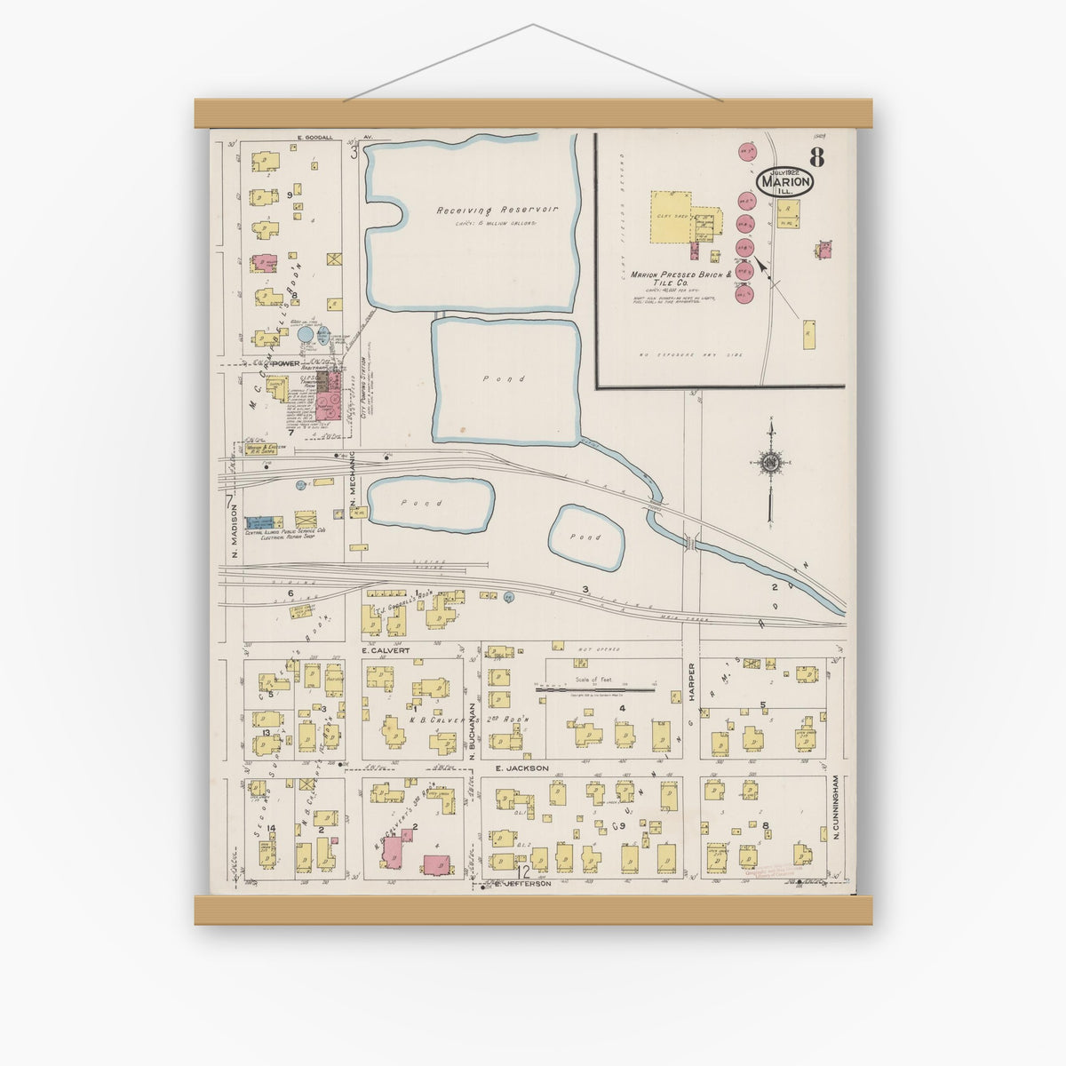 Old map wall art mockup — magnetic wood frame on white wall — Sanborn Fire Insurance Map from Marion, Williamson County, Illinois (1922), Sheet #0008