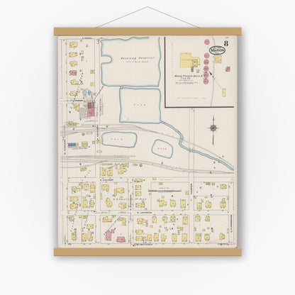 Old map wall art mockup — magnetic wood frame on white wall — Sanborn Fire Insurance Map from Marion, Williamson County, Illinois (1922), Sheet #0008