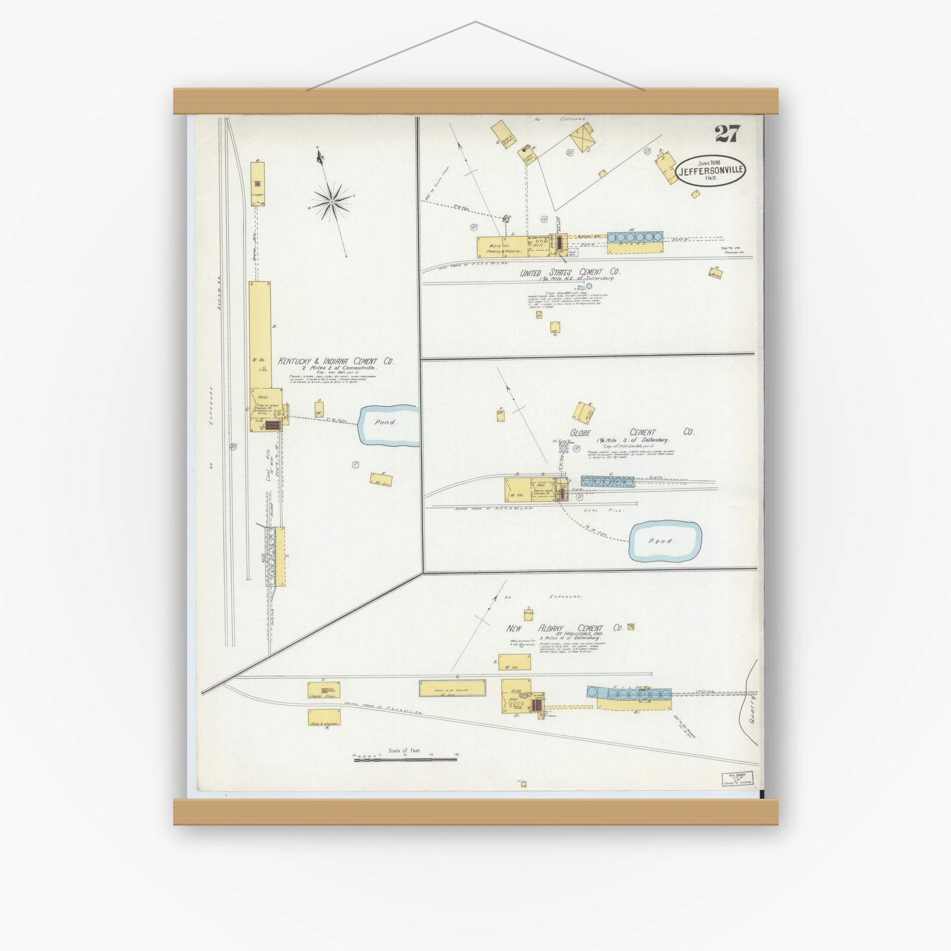 Old map wall art mockup — magnetic wood frame on white wall — Sanborn Fire Insurance Map from Jeffersonville, Clark County, Indiana (1898), Sheet #0027