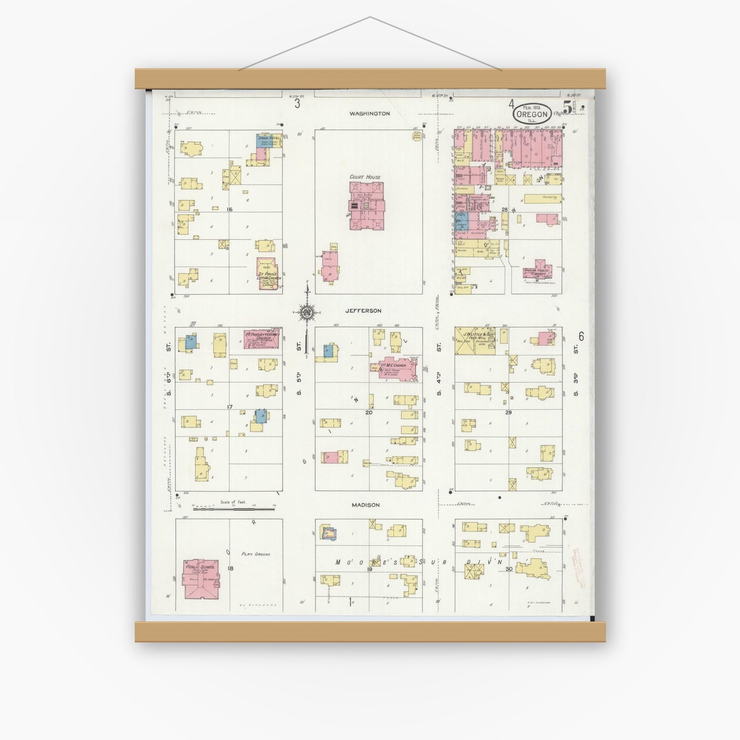 Old map wall art mockup — magnetic wood frame on white wall — Sanborn Fire Insurance Map from Oregon, Ogle County, Illinois (1913), Sheet #0005