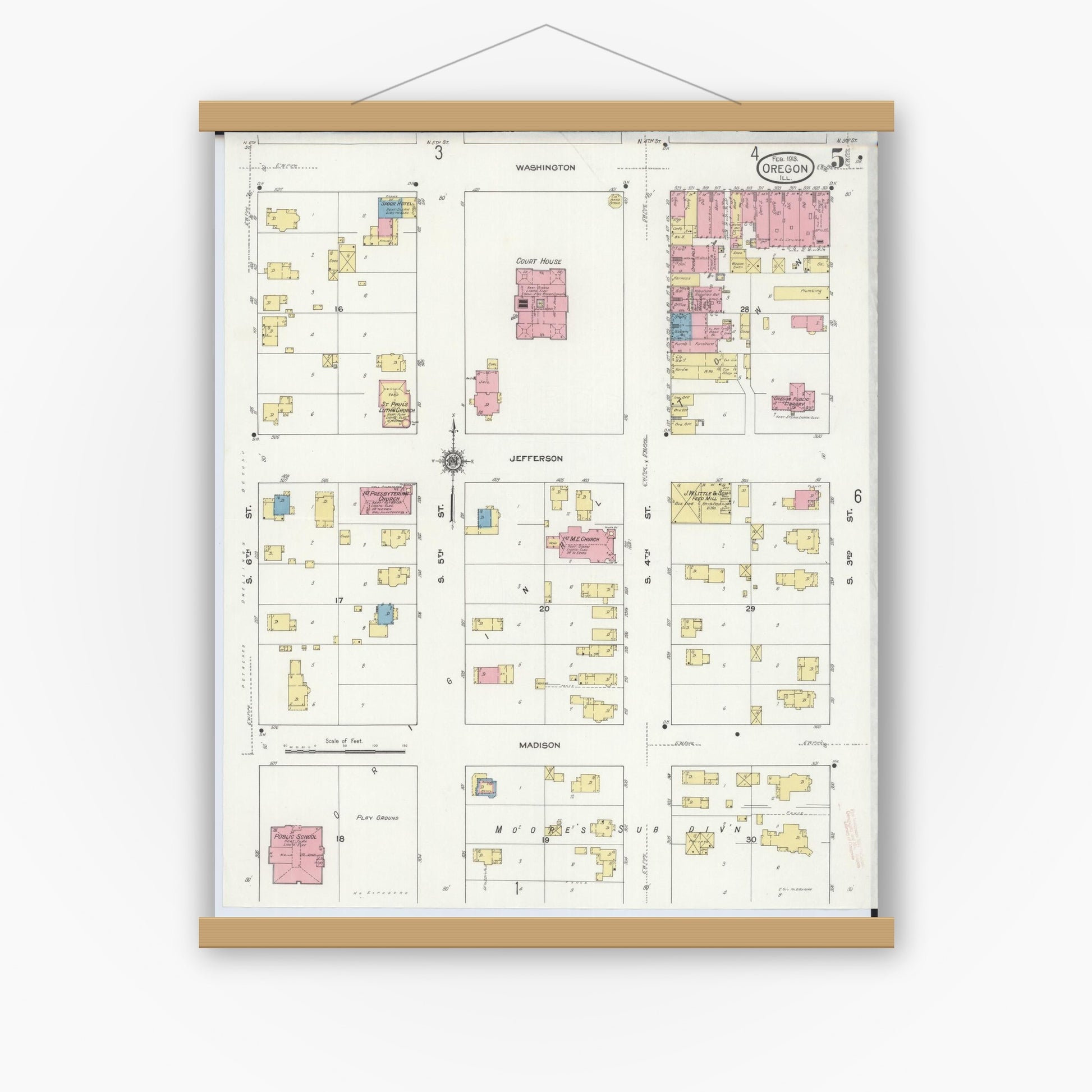 Old map wall art mockup — magnetic wood frame on white wall — Sanborn Fire Insurance Map from Oregon, Ogle County, Illinois (1913), Sheet #0005
