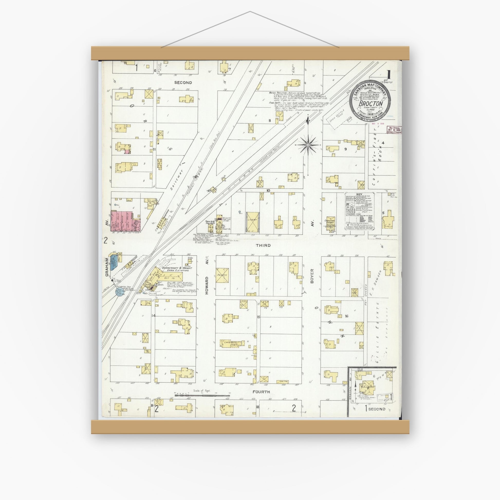 Old map wall art mockup — magnetic wood frame on white wall — Sanborn Fire Insurance Map from Brockton, Edgar County, Illinois (1909) - Complete Map Set