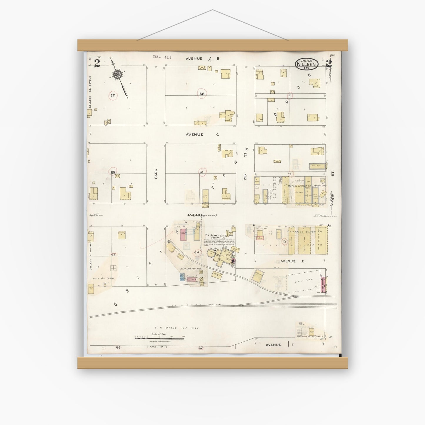 Old map wall art mockup — magnetic wood frame on white wall — Sanborn Fire Insurance Map from Killeen, Bell County, Texas (1937), Sheet #0002