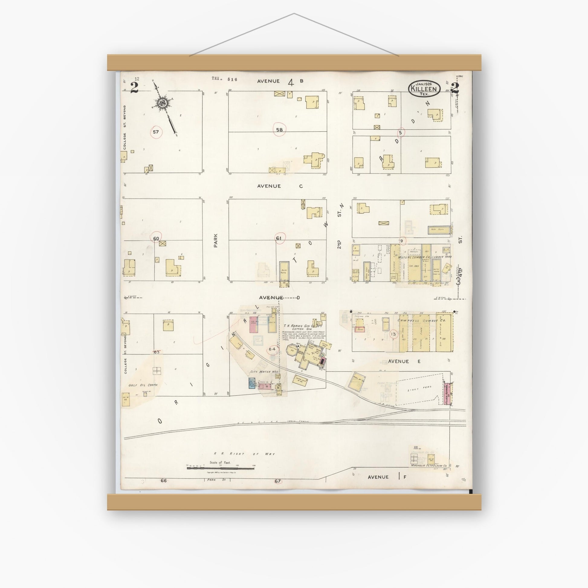Old map wall art mockup — magnetic wood frame on white wall — Sanborn Fire Insurance Map from Killeen, Bell County, Texas (1937), Sheet #0002