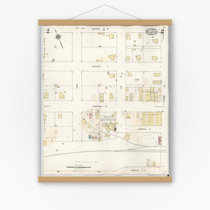 Old map wall art mockup — magnetic wood frame on white wall — Sanborn Fire Insurance Map from Killeen, Bell County, Texas (1937), Sheet #0002