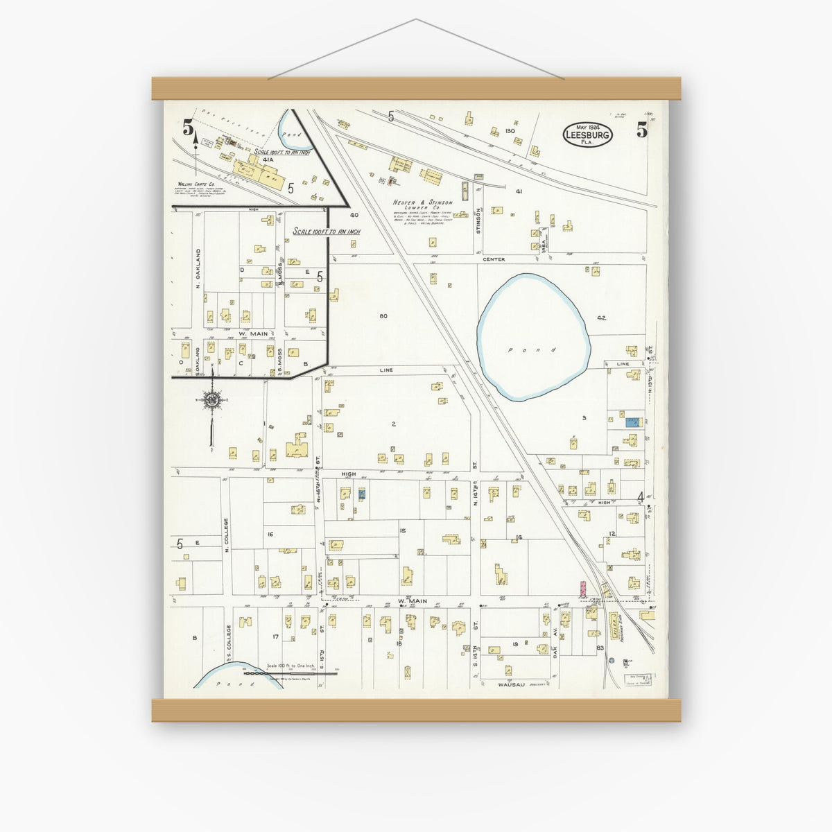 Old map wall art mockup — magnetic wood frame on white wall — Sanborn Fire Insurance Map from Leesburg, Lake County, Florida (1924), Sheet #0005