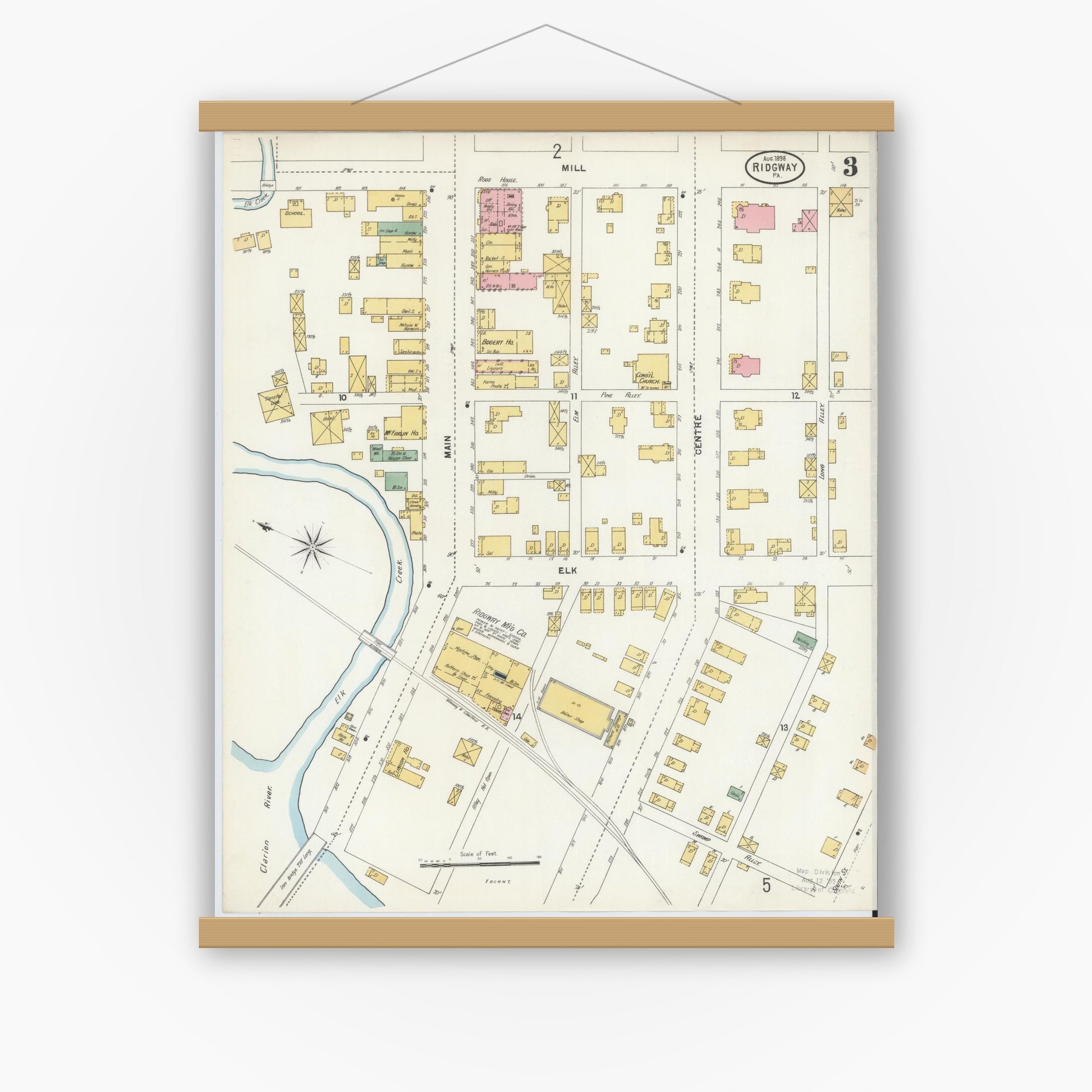 Old map wall art mockup — magnetic wood frame on white wall — Sanborn Fire Insurance Map from Ridgway, Elk County, Pennsylvania (1898), Sheet #0003