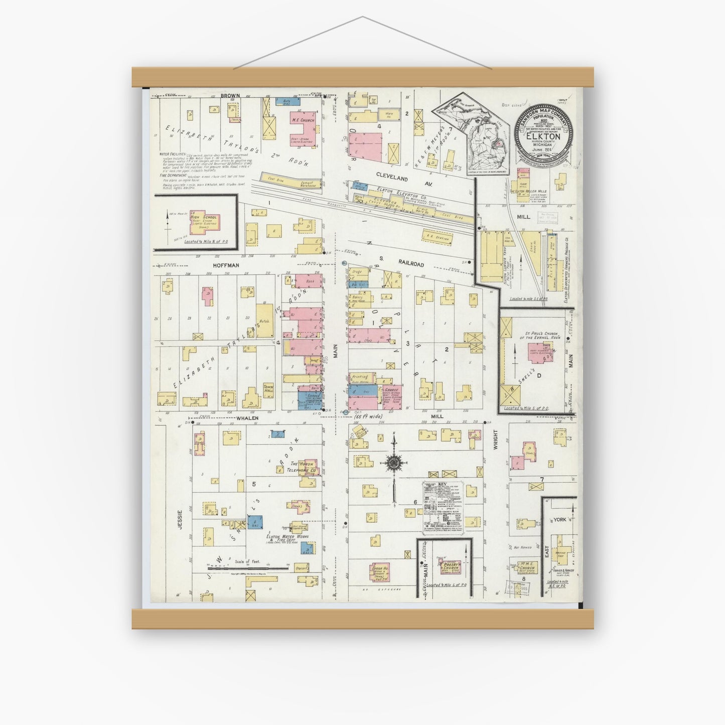 Old map wall art mockup — magnetic wood frame on white wall — Sanborn Fire Insurance Map from Elkton, Huron County, Michigan (1924), Sheet #0001