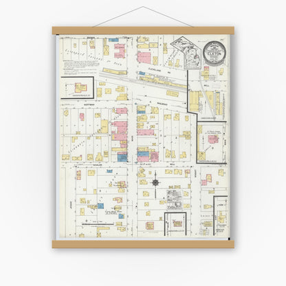 Old map wall art mockup — magnetic wood frame on white wall — Sanborn Fire Insurance Map from Elkton, Huron County, Michigan (1924), Sheet #0001