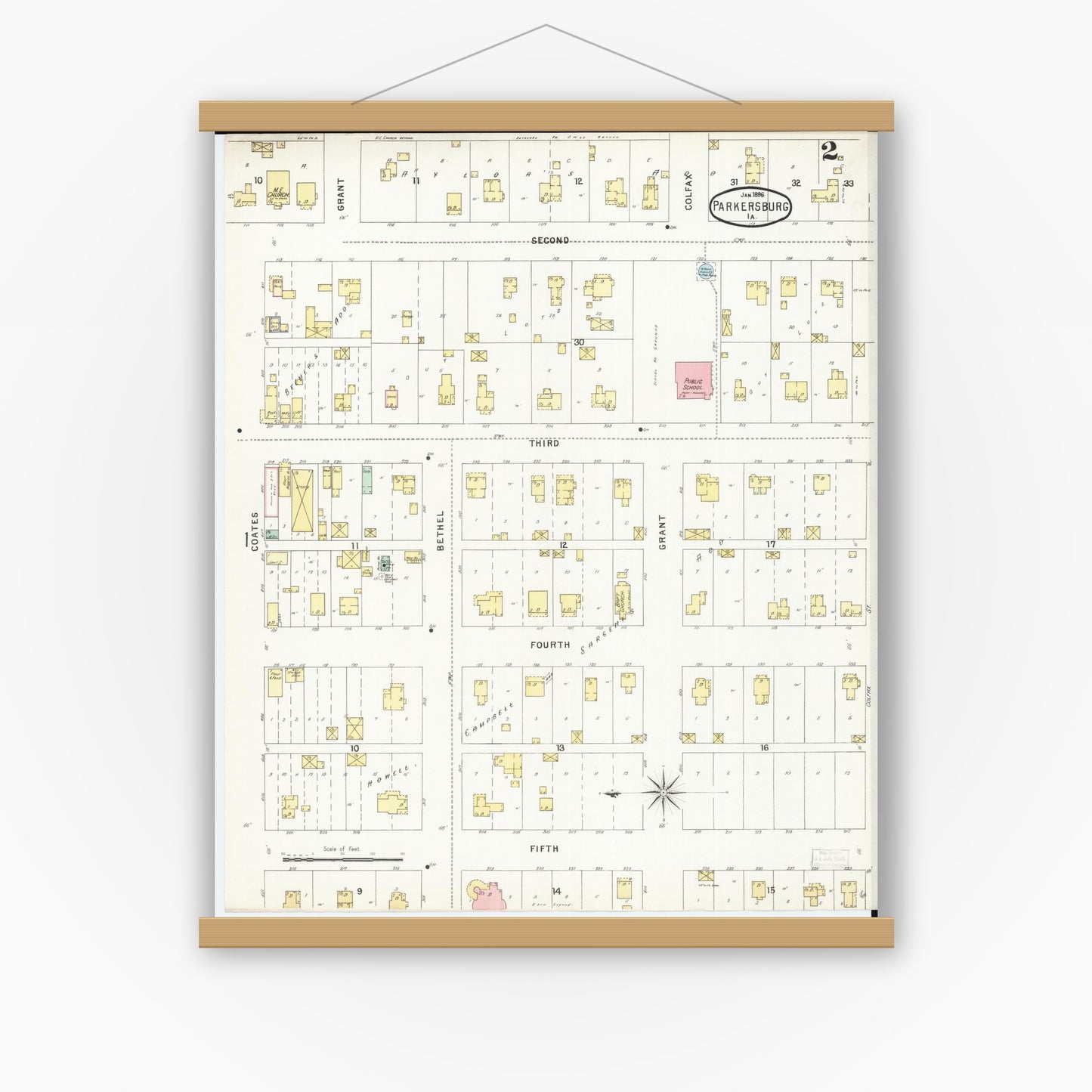 Old map wall art mockup — magnetic wood frame on white wall — Sanborn Fire Insurance Map from Parkersburg, Butler County, Iowa (1896), Sheet #0002