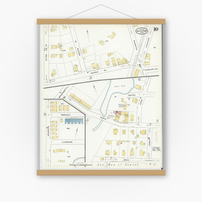 Old map wall art mockup — magnetic wood frame on white wall — Sanborn Fire Insurance Map from Watertown, Middlesex County, Massachusetts (1911), Sheet #0010