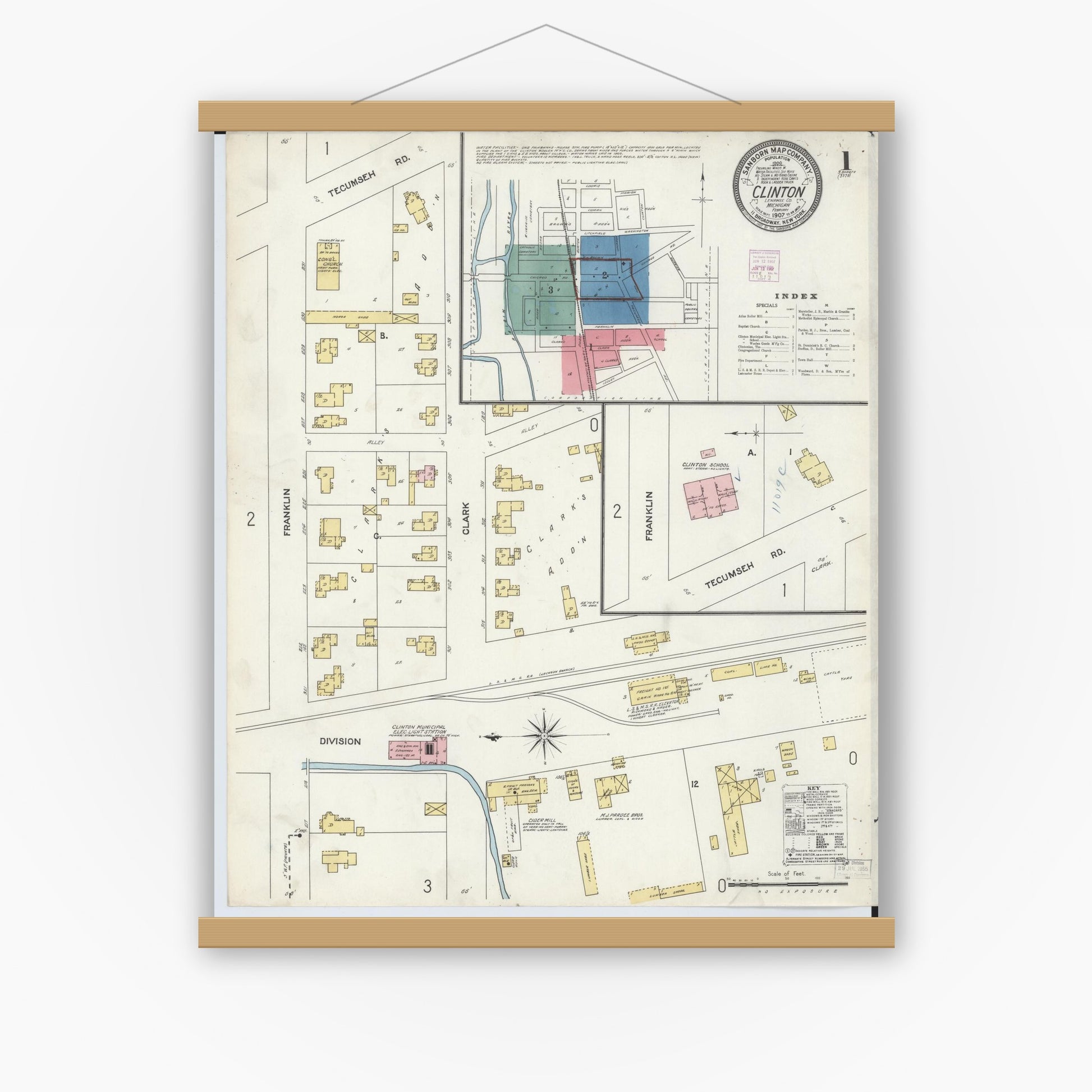 Old map wall art mockup — magnetic wood frame on white wall — Sanborn Fire Insurance Map from Clinton, Lenawee County, Michigan (1907), Sheet #0001