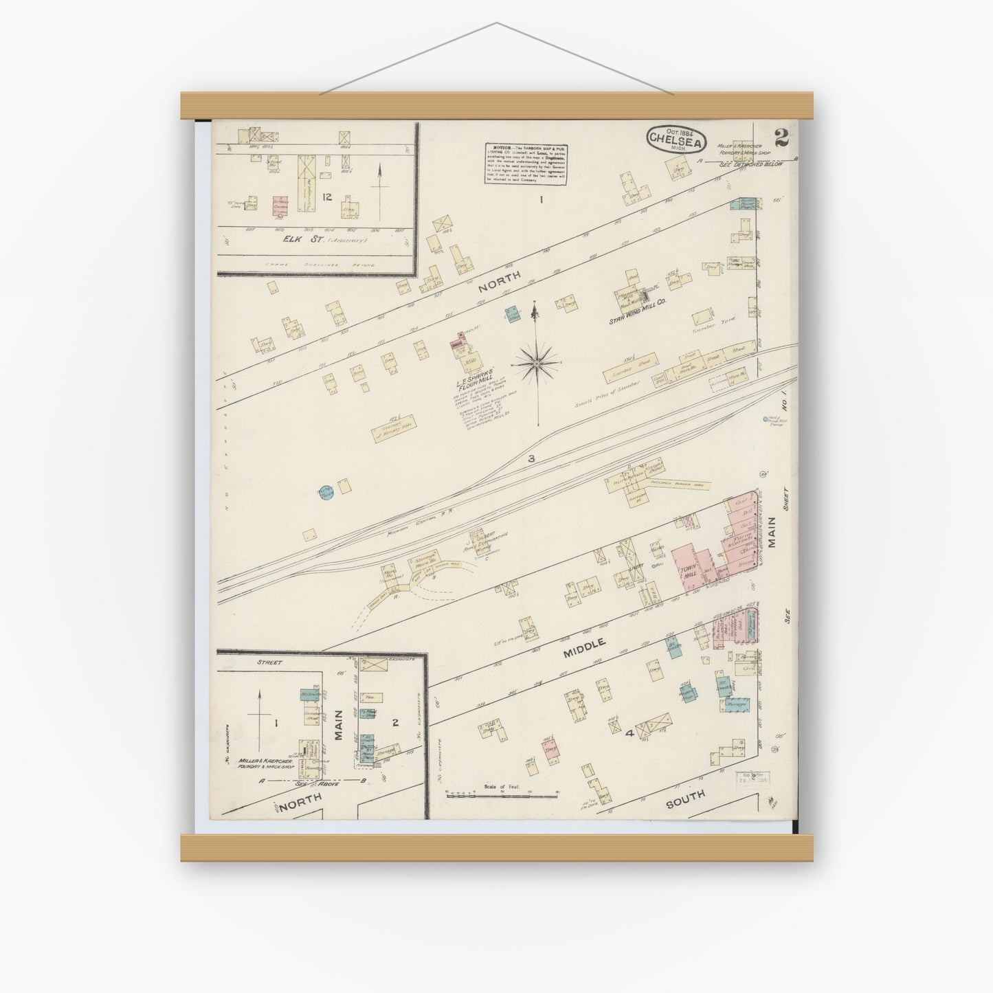 Old map wall art mockup — magnetic wood frame on white wall — Sanborn Fire Insurance Map from Chelsea, Washtenaw County, Michigan (1884), Sheet #0002