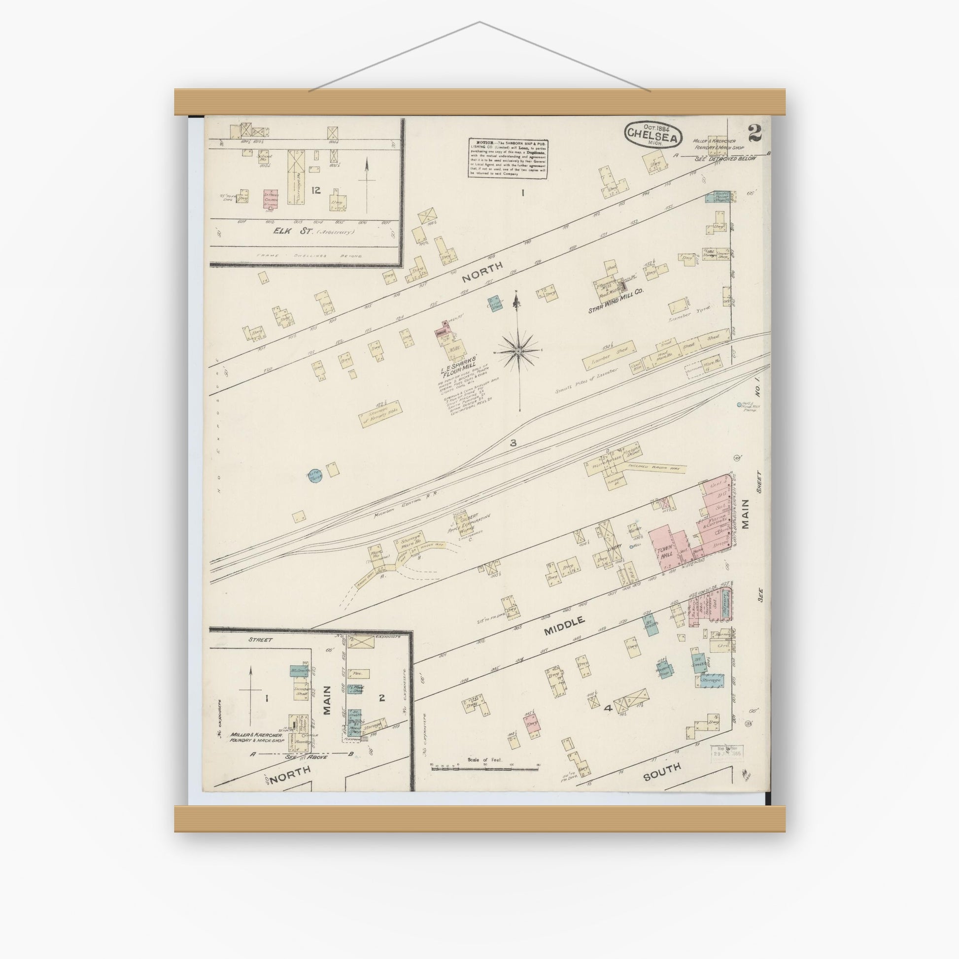 Old map wall art mockup — magnetic wood frame on white wall — Sanborn Fire Insurance Map from Chelsea, Washtenaw County, Michigan (1884), Sheet #0002