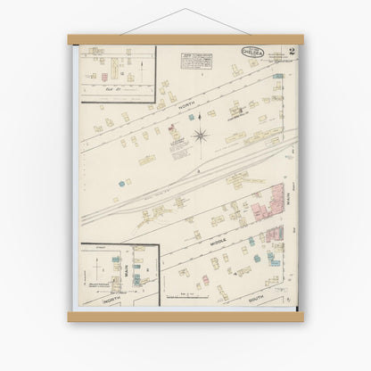 Old map wall art mockup — magnetic wood frame on white wall — Sanborn Fire Insurance Map from Chelsea, Washtenaw County, Michigan (1884), Sheet #0002