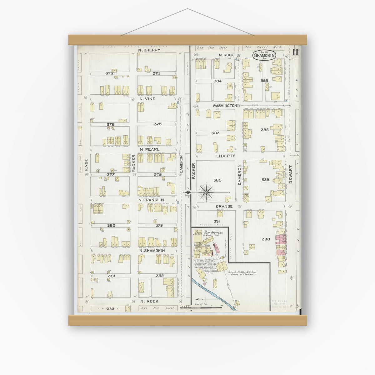 Old map wall art mockup — magnetic wood frame on white wall — Sanborn Fire Insurance Map from Shamokin, Northumberland County, Pennsylvania (1891), Sheet #0011