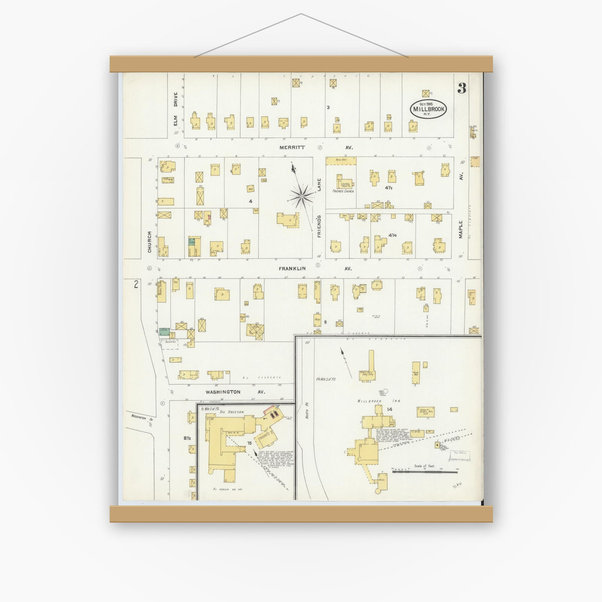 Old map wall art mockup — magnetic wood frame on white wall — Sanborn Fire Insurance Map from Millbrook, Dutchess County, New York (1905), Sheet #0003