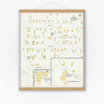 Old map wall art mockup — magnetic wood frame on white wall — Sanborn Fire Insurance Map from Millbrook, Dutchess County, New York (1905), Sheet #0003