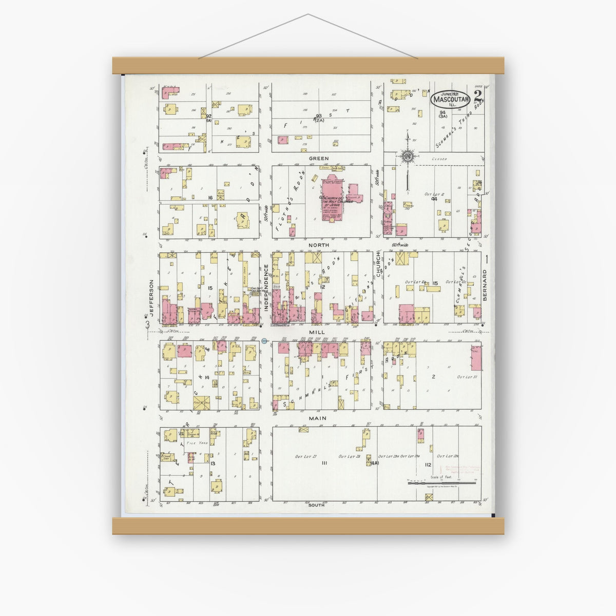 Old map wall art mockup — magnetic wood frame on white wall — Sanborn Fire Insurance Map from Mascoutah, Saint Clair County, Illinois (1921), Sheet #0002