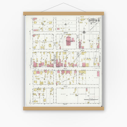 Old map wall art mockup — magnetic wood frame on white wall — Sanborn Fire Insurance Map from Mascoutah, Saint Clair County, Illinois (1921), Sheet #0002