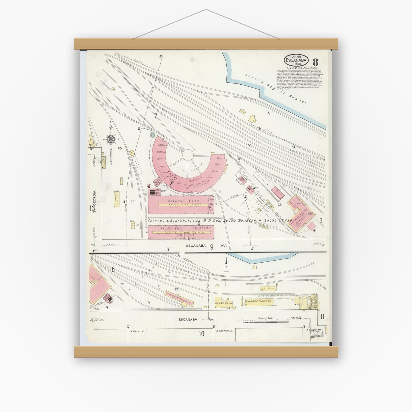 Old map wall art mockup — magnetic wood frame on white wall — Sanborn Fire Insurance Map from Escanaba, Delta County, Michigan (1913), Sheet #0008