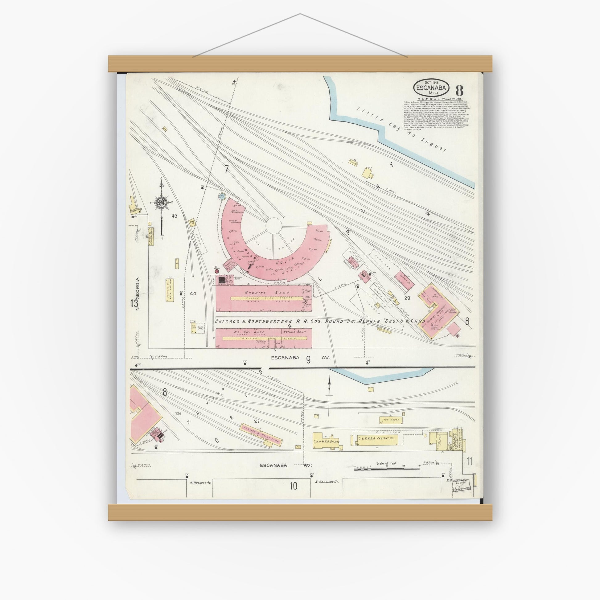 Old map wall art mockup — magnetic wood frame on white wall — Sanborn Fire Insurance Map from Escanaba, Delta County, Michigan (1913), Sheet #0008