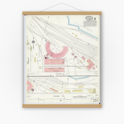 Old map wall art mockup — magnetic wood frame on white wall — Sanborn Fire Insurance Map from Escanaba, Delta County, Michigan (1913), Sheet #0008