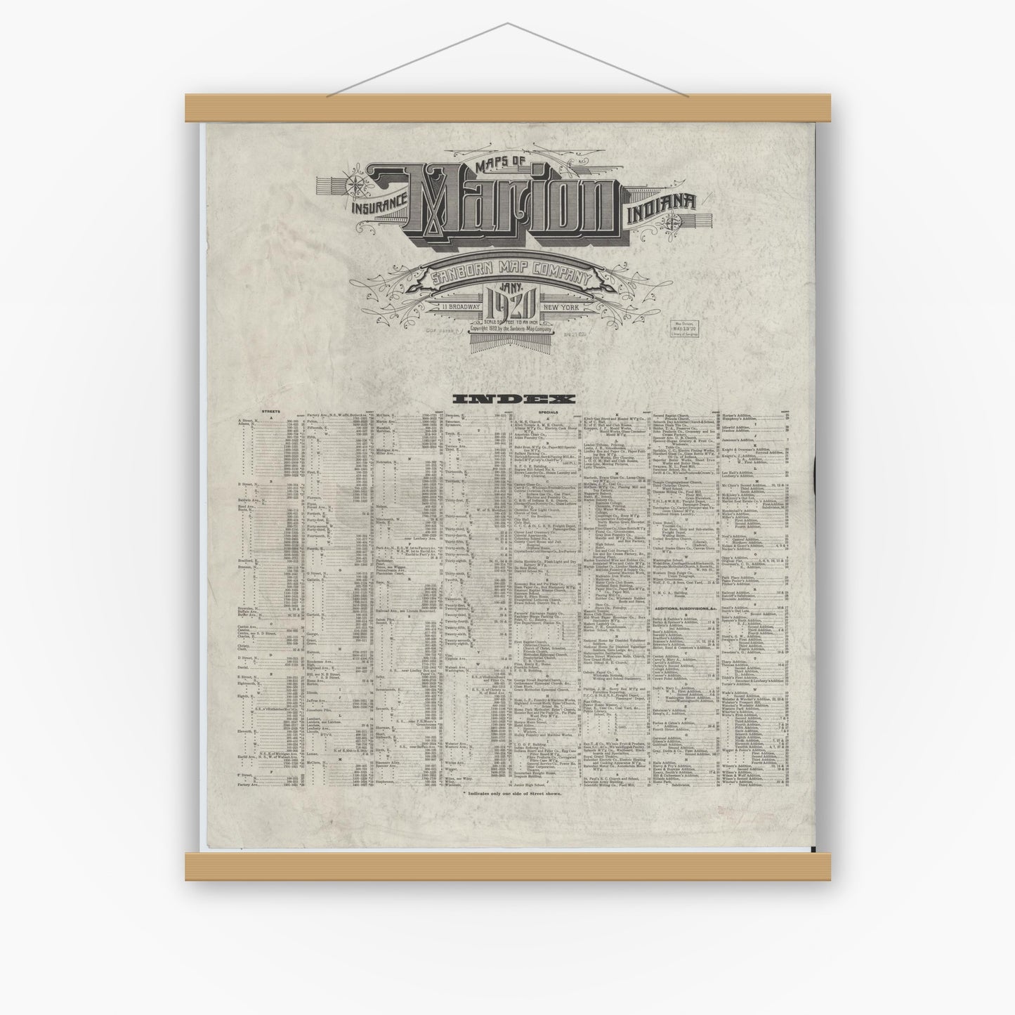 Old map wall art mockup — magnetic wood frame on white wall — Sanborn Fire Insurance Map from Marion, Grant County, Indiana (1920), Sheet #0001